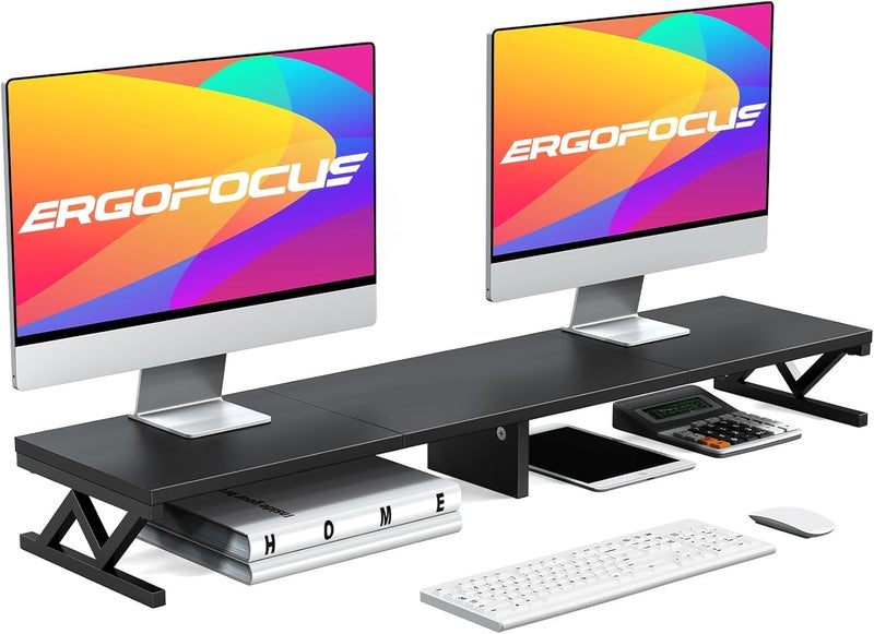 ErgoFocus Dual Monitor Stand Riser, Large Wood Monitor Lift with Storage, Sturdy Wood&Steel Multi Screen Stand, Desktop Organizer - Image 1
